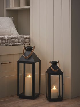 Cosy Corner Inspiration with Brixham Leather Handle Lanterns and glowing TruGlow® LED candles