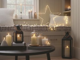 Cosy Windowsill with Brixham Leather Handle Lanterns, TruGlow® Candles, Osby Stars & Glowing Fairy Lights