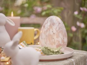 Outdoor Easter Dining Decor with LED Glass Confetti Egg, Ceramic Bunnies & TruGlow Candles