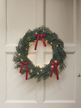 60cm Pre Lit Red Beribboned Christmas Outdoor Wreath