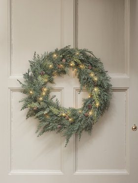 60cm Pre Lit Christmas Conifer & Pinecone Outdoor Wreath