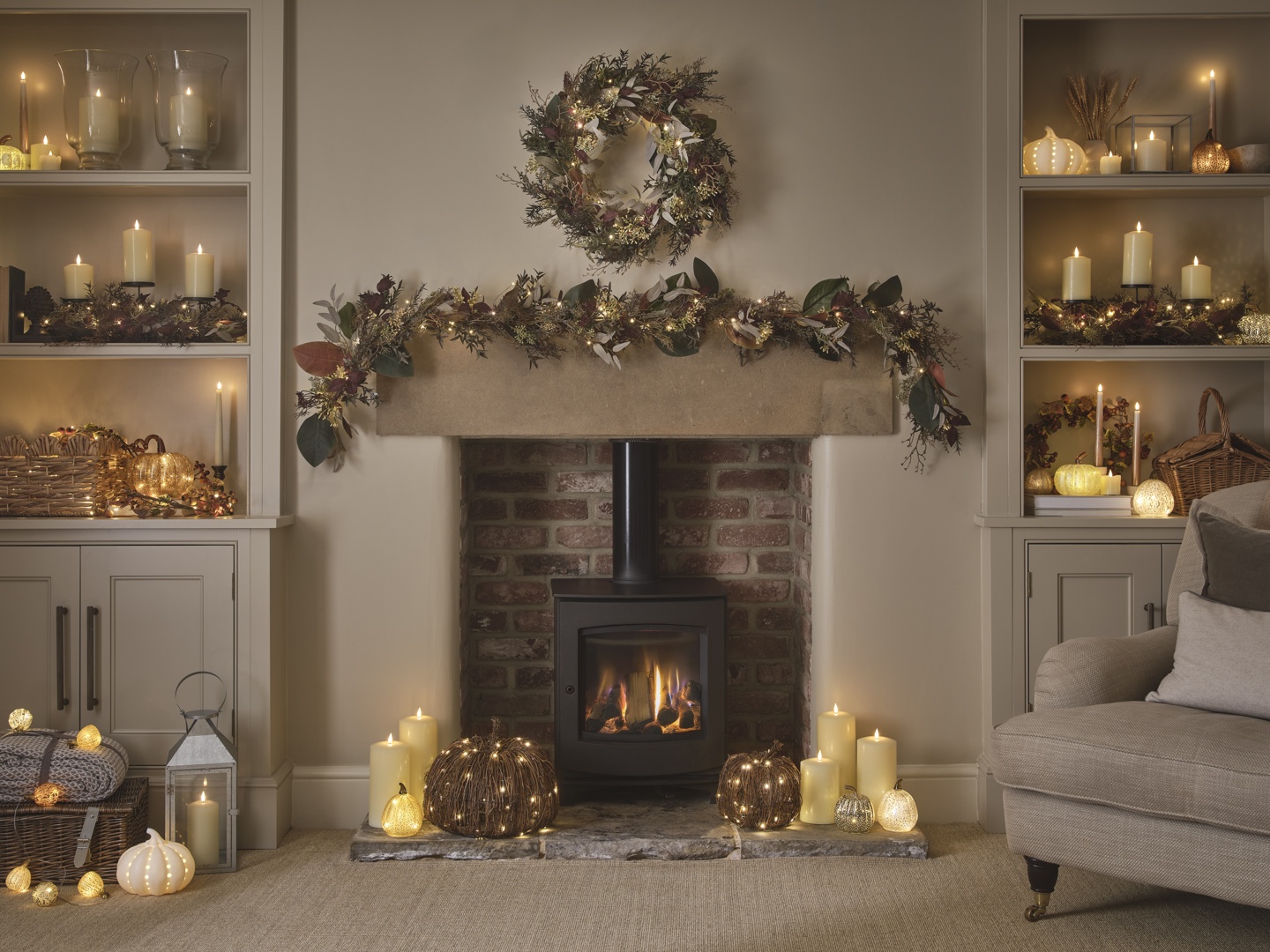 Autumn Living Room Decoration TruGlow® Candles, Wreath & Garlands