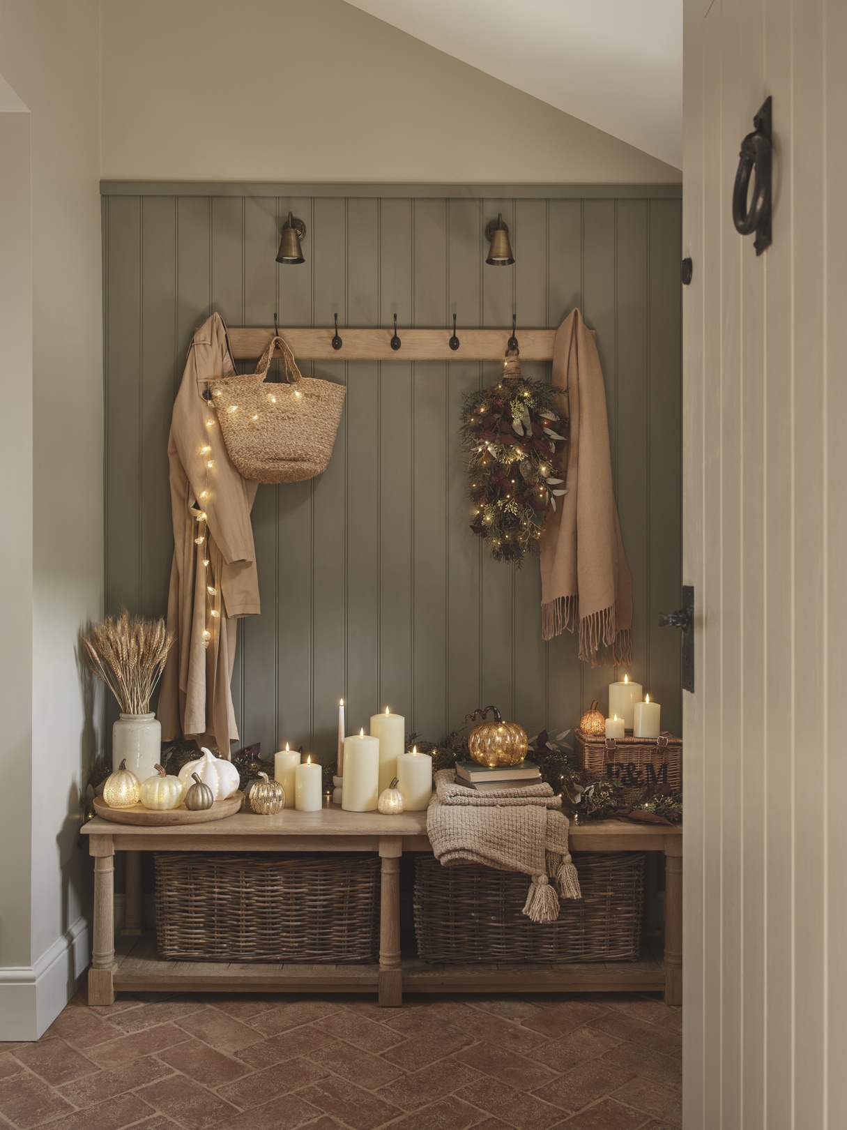 Autumn Hallway Cloakroom Decoration TruGlow® Candles, Bough & Pumpkins