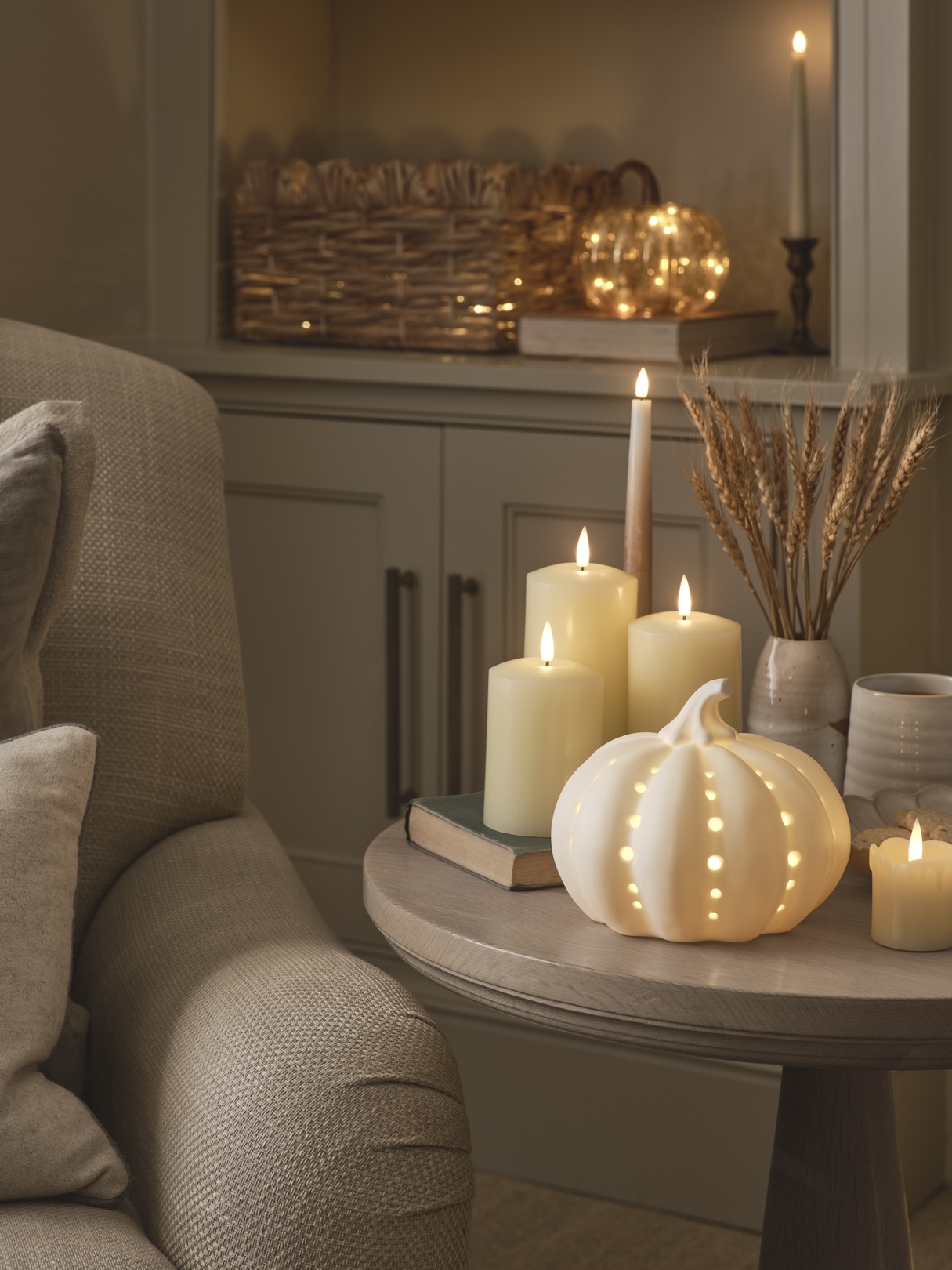 Autumn Living Room Decoration Armchair TruGlow® Candles & Pumpkins