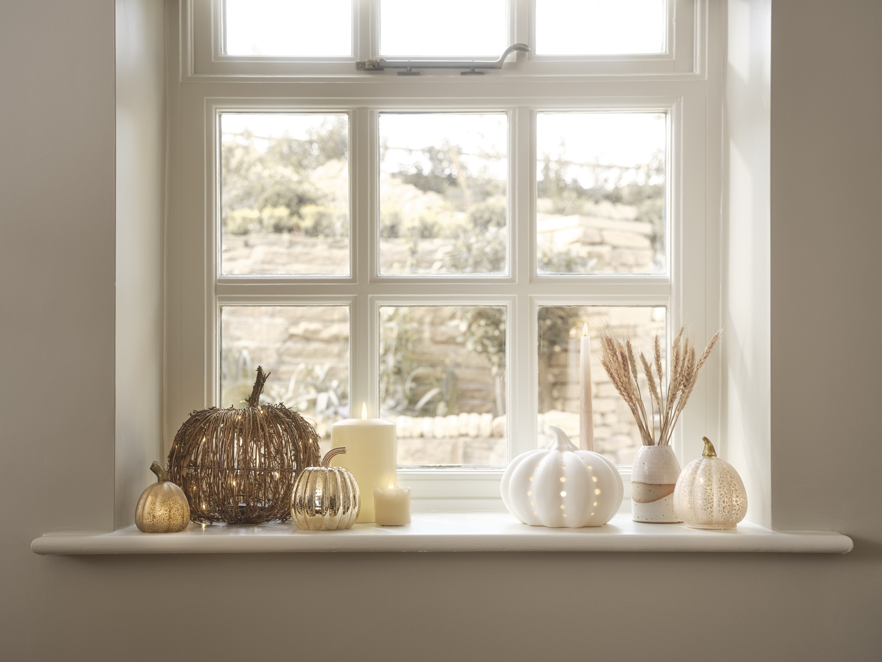 Autumn Windowsill Decoration with Light Up Pumpkins