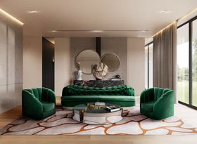 Living Room | spring/summer decor in maximalist style with Ancud deep green sofa, Steppe curvy armchair, Lapiaz glass center table, Cell neutral rug, Chiloé set of wall mirrors, and curtain