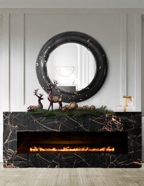 Living Room | Dark mirror, fireplace, and christmas decor