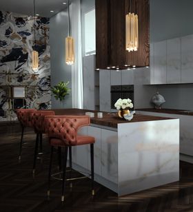 Kitchen | Kansas curvy terracotta bar chair and Brubeck retro gold pendant lamp stand out in this marble and wood kitchen island