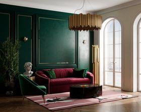 Bold and Bright Living Room by Olga Butko | deep green paint reading corner with Wales deep plum sofa, Brubeck gold suspension lamp, Cyrus floor lamp, and cushion