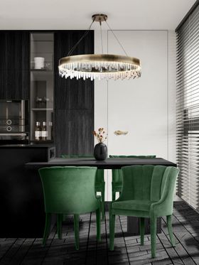 Kitchen | black and white kitchen island with Begonia deep green dining chair and Naicca gold suspension lamp