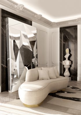 Living Room | modern classic reading corner with Odette curvy white sofa, Fractal floor mirror, marble sculpture, and cushion