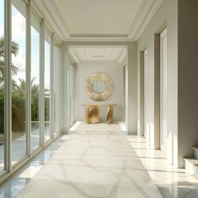 Hallway | spring/summer entryway in coastal style with Ardara gold console, Huli wall mirror, Cell white rug, and marble flooring