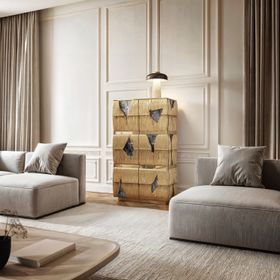 Living Room | autumn/winter decor in cosy neutral style with Santana wood cabinet, small table lamp, grey sofa, and cushion