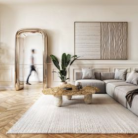 Living Room | spring/summer decor in cosy neutral style with Napron gold and white marble center table, white rug, grey sofa, cushion, vase, and wall art