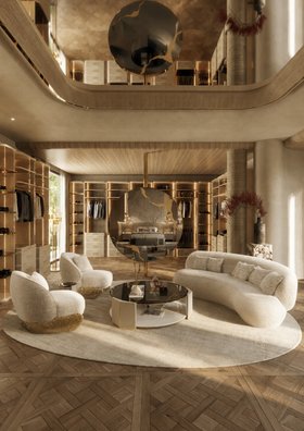 Bedroom Closet | bedroom dressing area and reading corner with Algerone smoked glass center table, Angra cosy armchair, Zelda curvy long sofa, Lapiaz mirror, neutral rug, and wood flooring