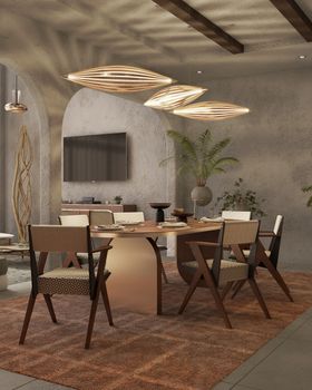 Dining Room | spring/summer decor in retro style with Federico brown dining chair, Ezra walnut wood dining table, Terracotta rug, Kapsule gold suspension lamp, stone wall, and vase