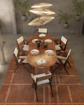 Dining Room | spring/summer decor in retro style with Federico brown dining chair, Ezra walnut wood dining table, Terracotta rug, and Kapsule gold suspension lamp