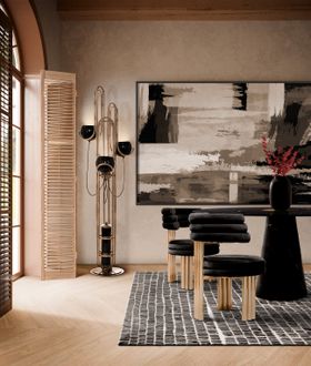 Dining Room | spring/summer decor in retro style with Kerr curvy dark dining chair, Neil gold floor lamp, Coll rug with stripes, rattan shutter door, and wood flooring