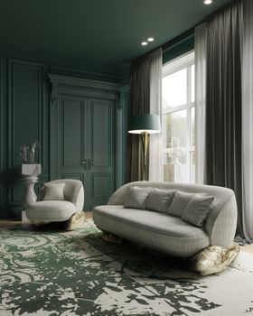 Living Room | deep green paint reading corner in quiet luxury style with Angra cosy sofa in golden details, Angra armchair, Miles retro floor lamp, Fortuna rug, cushion, and curtain