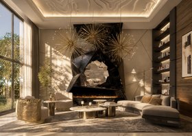Living Room | mid-century modern reading corner with Cannonball retro suspension lamp, Empire set III marble center table, Otto gold armchair, Algerone angular sofa, Sinatra floor lamp, Crackle exquisite wall mirror, fireplace, and cushion