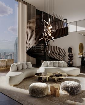 Living Room | autumn/winter decor in quiet luxury style with Odette curvy white sofa, Ophelia dark marble center table, Shard gold suspension lamp, Poseidon neutral rug, Eden copper side table, cosy puff, and staircase