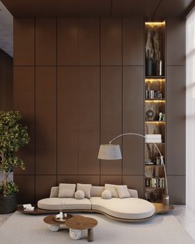 Living Room | brown paint reading corner in mid century modern style with Godard curvy sofa, Sade floor lamp, Philip walnut wood center table, storage shelves, cushion, and vase