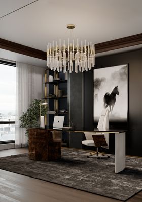 Office | dark paint home office with Algerone desk, Apotheosis bookcase for storage, Waterfall gold suspension lamp, Gamma table lamp, office chair, grey rug, wood flooring, horse print painting, curtain, and vase