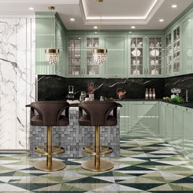 Kitchen | mint green paint kitchen island with Karoo dark counter stool, Naicca gold pendant lamp, and marble flooring