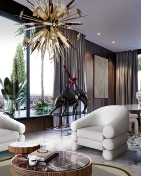 Living Room | exquisite living area in maximalist style with Hutton curvy armchair, Outburst gold chandelier, Anjelica center table, sculpture, and curtain