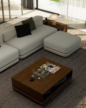 Living Room | spring/summer decor in cosy neutral style with Denis white modular sofa, Alice table lamp, brown wood center table, rug, and cushion