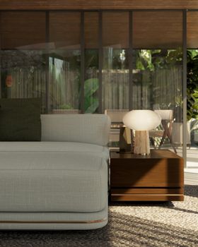 Living Room | spring/summer decor in cosy neutral style with Denis cosy white sofa, Alice table lamp, and brown wood side table
