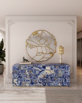 Hallway | spring/summer entryway in lmid century modern style with Carmo portuguese tile sideboard for storage, Glance gold wall mirror, and Donna retro table lamp