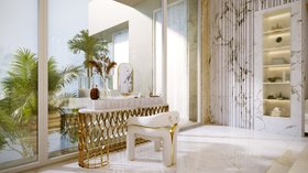 Bathroom | Mecca gold vanity table, Elara white chair, small mirror, storage shelves, and marble flooring
