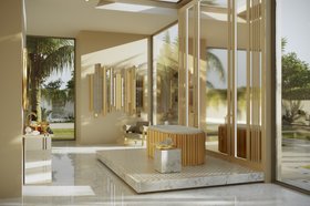 Master Bathroom | complete gold bathroom with Symphony bathtub, Stonehenge side table, Ethereal armchair, wall mirror, and marble flooring