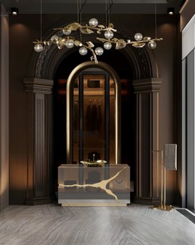 Service Bathroom | brown paint bathroom in gold details with Lapiaz washbasin and cabinet for storage, Lapiaz vessel sink, Eden towel rack, Hera suspension lamp, and wood flooring