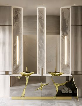 Service Bathroom | marble bathroom in gold details with Lapiaz washbasin and cabinet for storage, Lapiaz vessel sink, wall lamp, and wall mirror