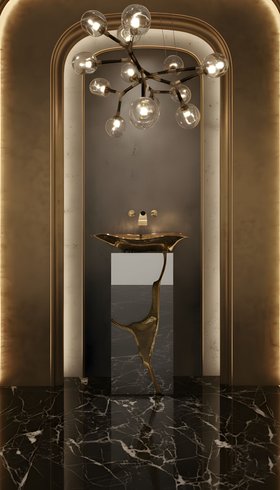Service Bathroom | gold bathroom with Lapiaz freestanding for storage, Lapiaz vessel sink, Horus suspension lamp, and marble flooring