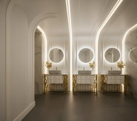 Service Bathroom | white paint bathroom in gold details with Mecca vanity cabinet for storage, Koi marble vessel sink, small mirror, wall light, and wood flooring