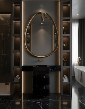 Bathroom | luxury bathroom in dark and gold tones with Shinto freestanding, Serpentine wall mirror, storage shelves, and marble flooring