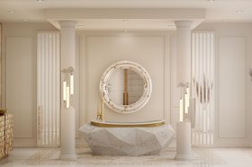 Bathroom | white paint bathroom in luxury modern style with Diamond marble bathtub in gold details, Belize wall mirror, tap, and floor lamp