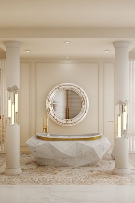Bathroom | white paint bathroom in luxury modern style with Diamond marble bathtub in gold details, Belize wall mirror, tap, floor lamp, and lavish flooring pattern
