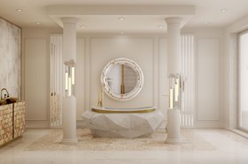 Bathroom | white paint bathroom in luxury modern style with Diamond marble bathtub in gold details, Belize wall mirror, tap, floor lamp, and lavish flooring pattern