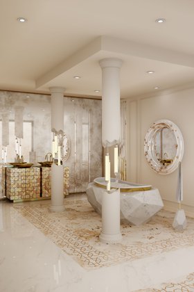 Bathroom | white paint bathroom in luxury modern style with Diamond marble bathtub in gold details, Belize wall mirror, Pixel vanity cabinet for storage, Lapiaz vessel sink, Diamond towel rack, floor lamp, and lavish flooring pattern