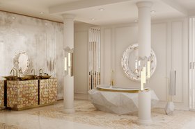 Bathroom | white paint bathroom in luxury modern style with Diamond marble bathtub in gold details, Belize wall mirror, Pixel vanity cabinet for storage, Lapiaz vessel sink, Diamond towel rack, floor lamp, and lavish flooring pattern