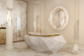 Bathroom | white paint bathroom in luxury modern style with Diamond marble bathtub in gold details, Belize wall mirror, Diamond towel rack, tap, floor lamp, and lavish flooring pattern