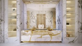 Bathroom | white marble bathroom in gold details with Lapiaz vessel sink and cabinet for storage, wall mirror, and several shelves