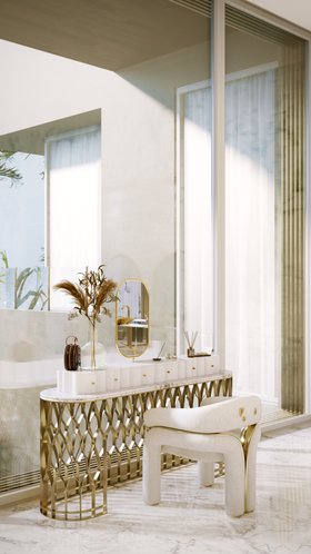 Bathroom | Mecca gold vanity table, Elara curvy white armchair, small mirror, storage drawers, and marble flooring