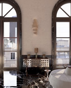 Entryway | art deco hallway with Monocles metal sideboard for storage, Donna retro table lamp, and Matheny gold wall lamp