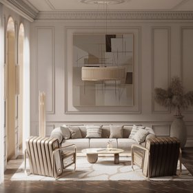 Living Room | autumn/winter decor in cosy neutral style with Minelli retro armchair, Fitzgerald modular sofa, Philip brown center table, Cell rug, Matheny gold chandelier, Matheny floor lamp, cushion, wood flooring, and vase