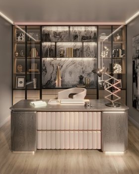 Office | neutral home office decor in retro style with Arne desk, Ellen office chair, Billy table lamp, Coltrane table lamp, bookcase for storage, and wood flooring